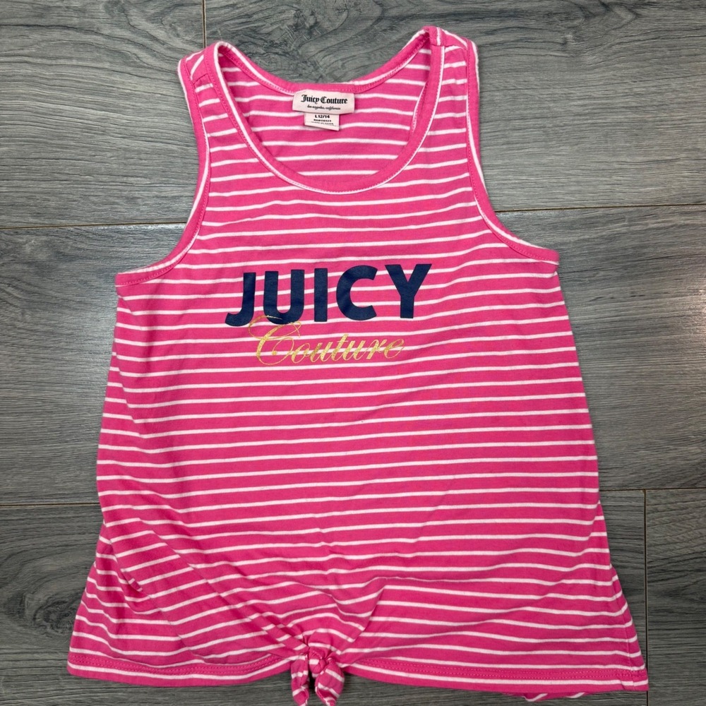 Juicy Couture Girls Pink White Logo Striped Front Tie Racerback Tank Top 12/14